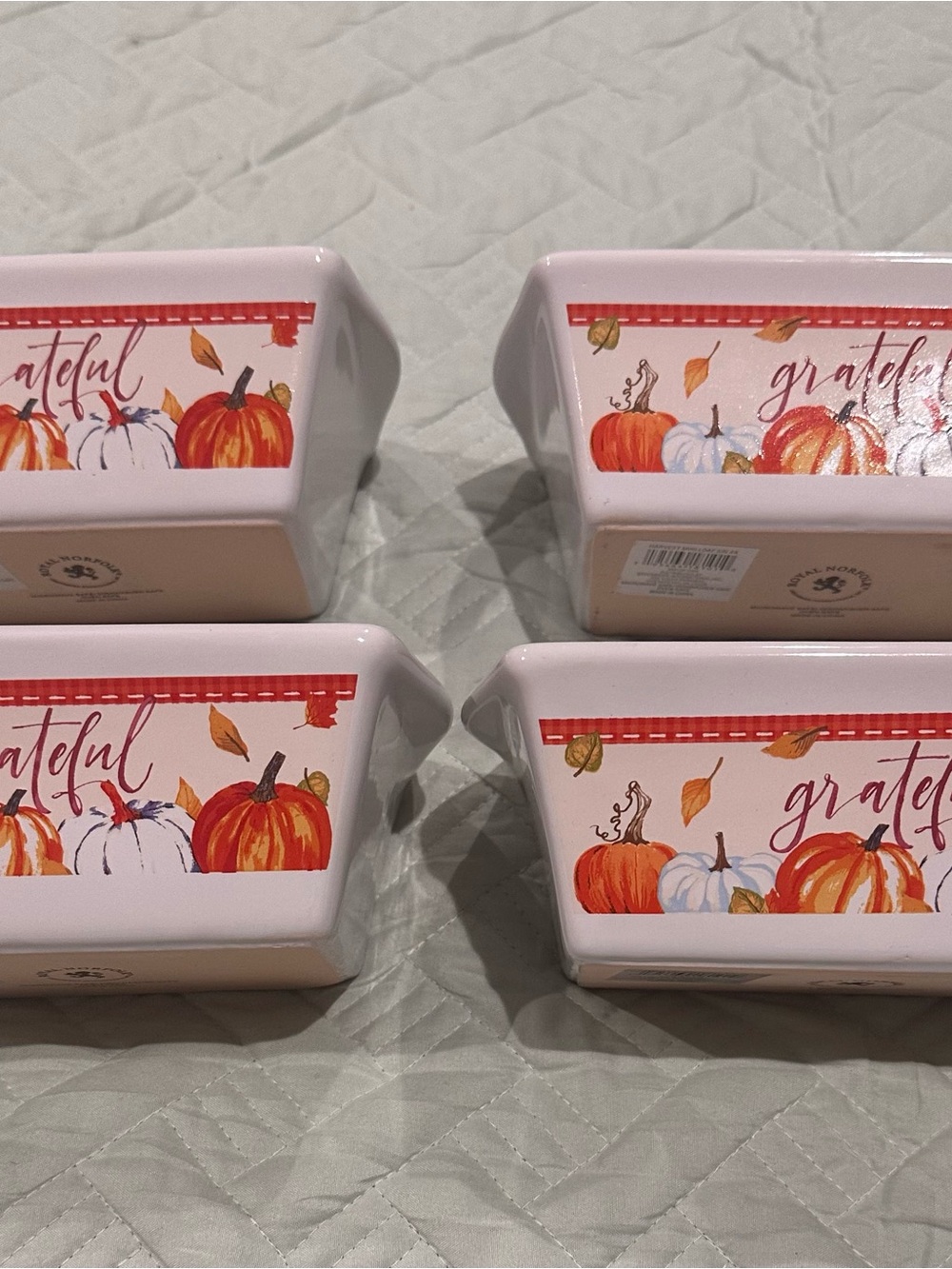 Set of 4 Royal Norfolk Happy Fall Pumpkin Ceramic Ramekins Soufflé Bowls 5”